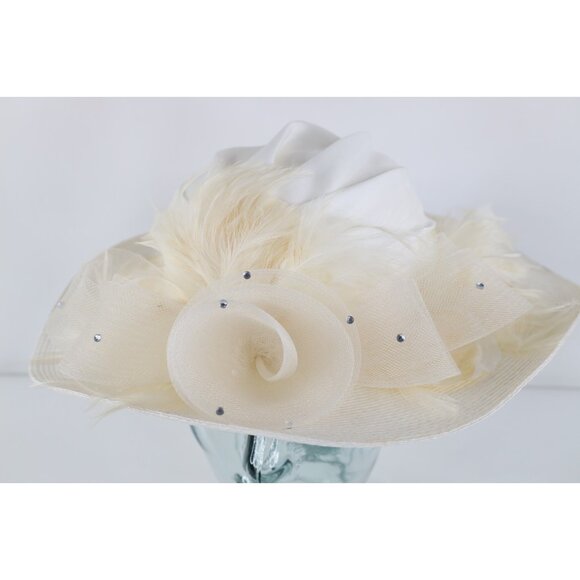 Vintage 80s 90s Wide Brimmed Feather Ribbon Rhinestone Church Wedding Hat Large main image 8